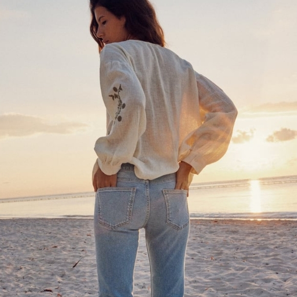 Zara Cream and Green Embroidered  Paisley Floral Peplum Top - Picture 2 of 10